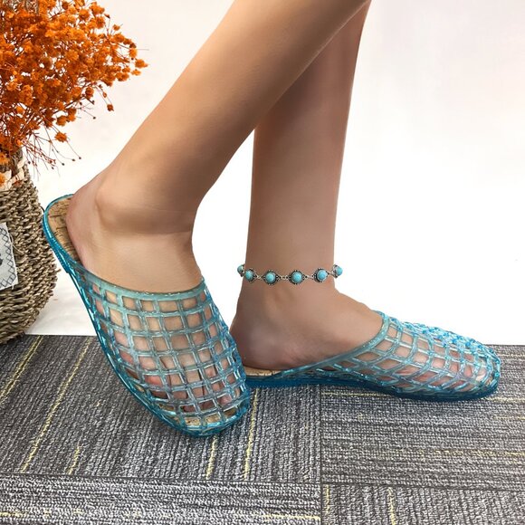 Lurnyet Womens Blue Jelly Comfort Cushion Slide Flat Sandal with Cork Footbed - Picture 7 of 7